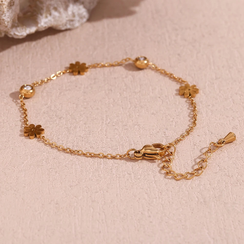 Flower and Crystal Chain Bracelet
