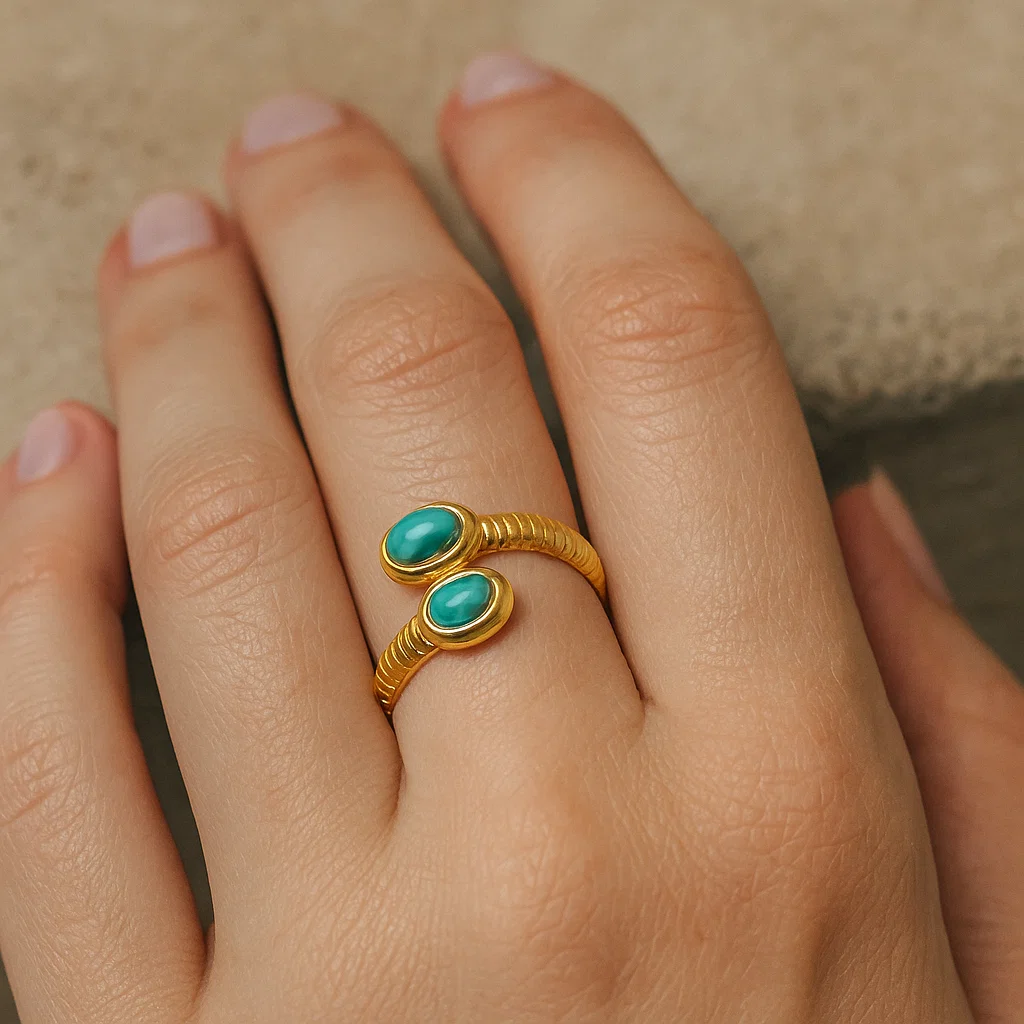 Turquoise Double Stone Ring (Adjustable)